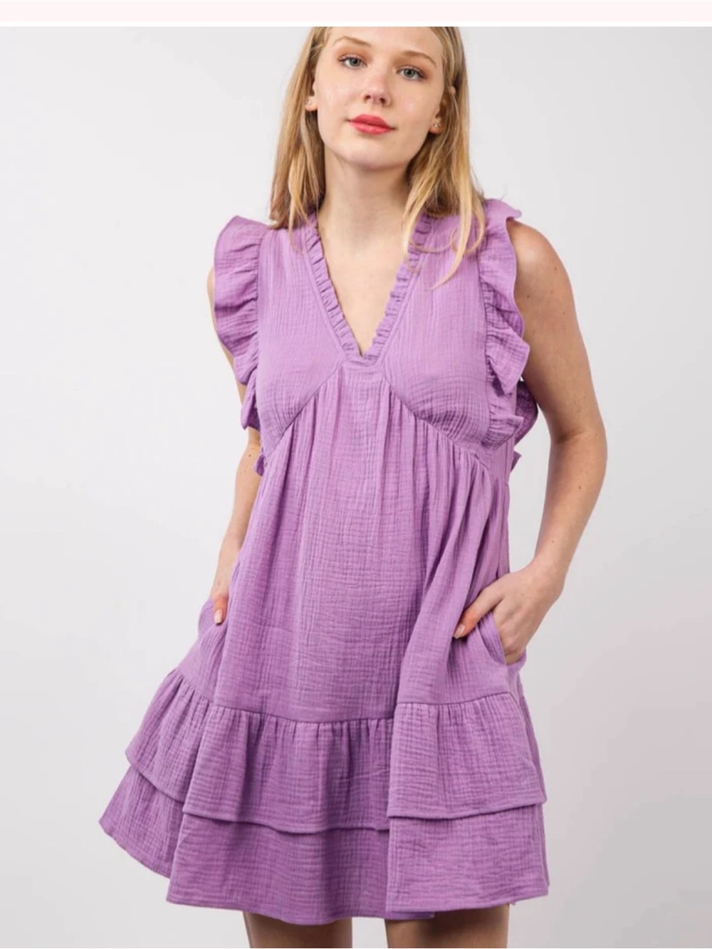 Boho Cottagecore Ruffled V-Neck Midi Dress in Lavender